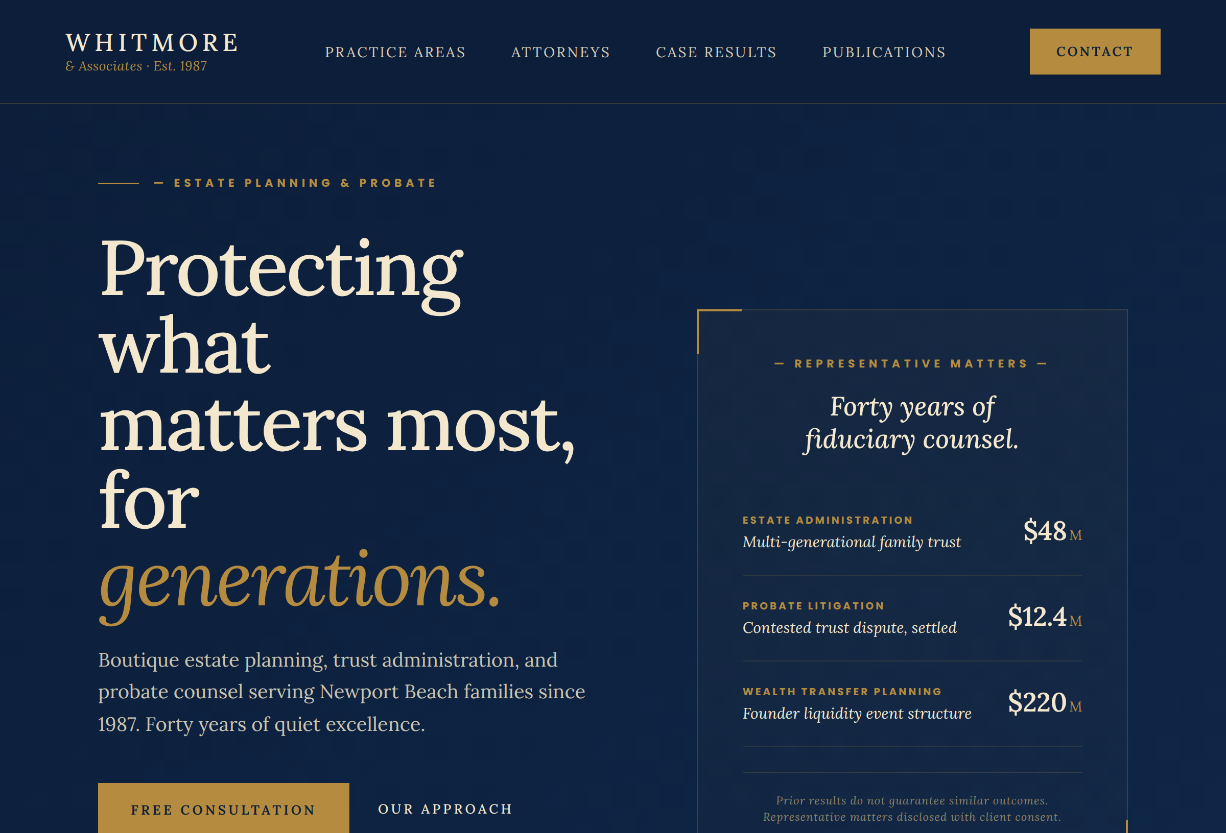 Example homepage for a boutique estate planning law firm