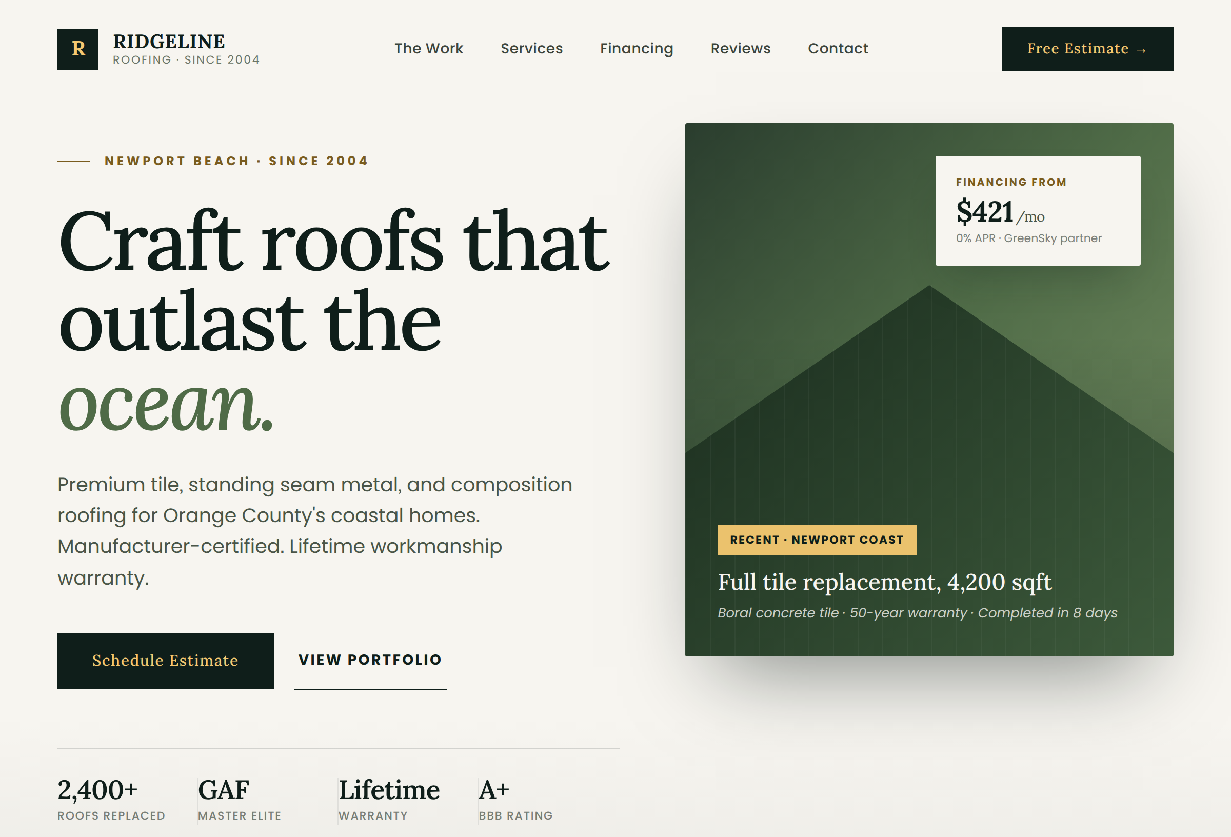 Example homepage for a high-ticket trade — Newport Beach roofer
