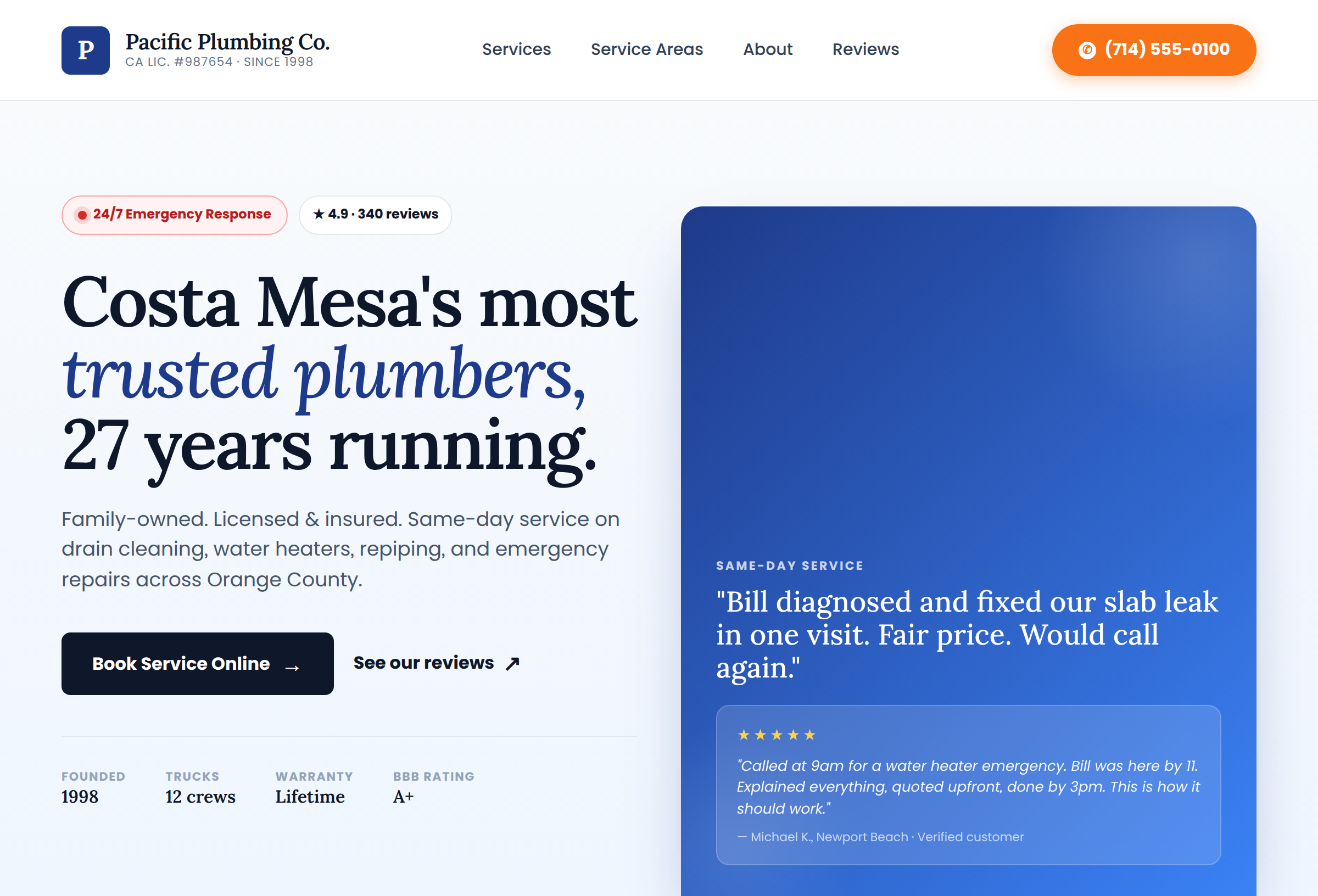 Example homepage for a local trade business — Costa Mesa plumber