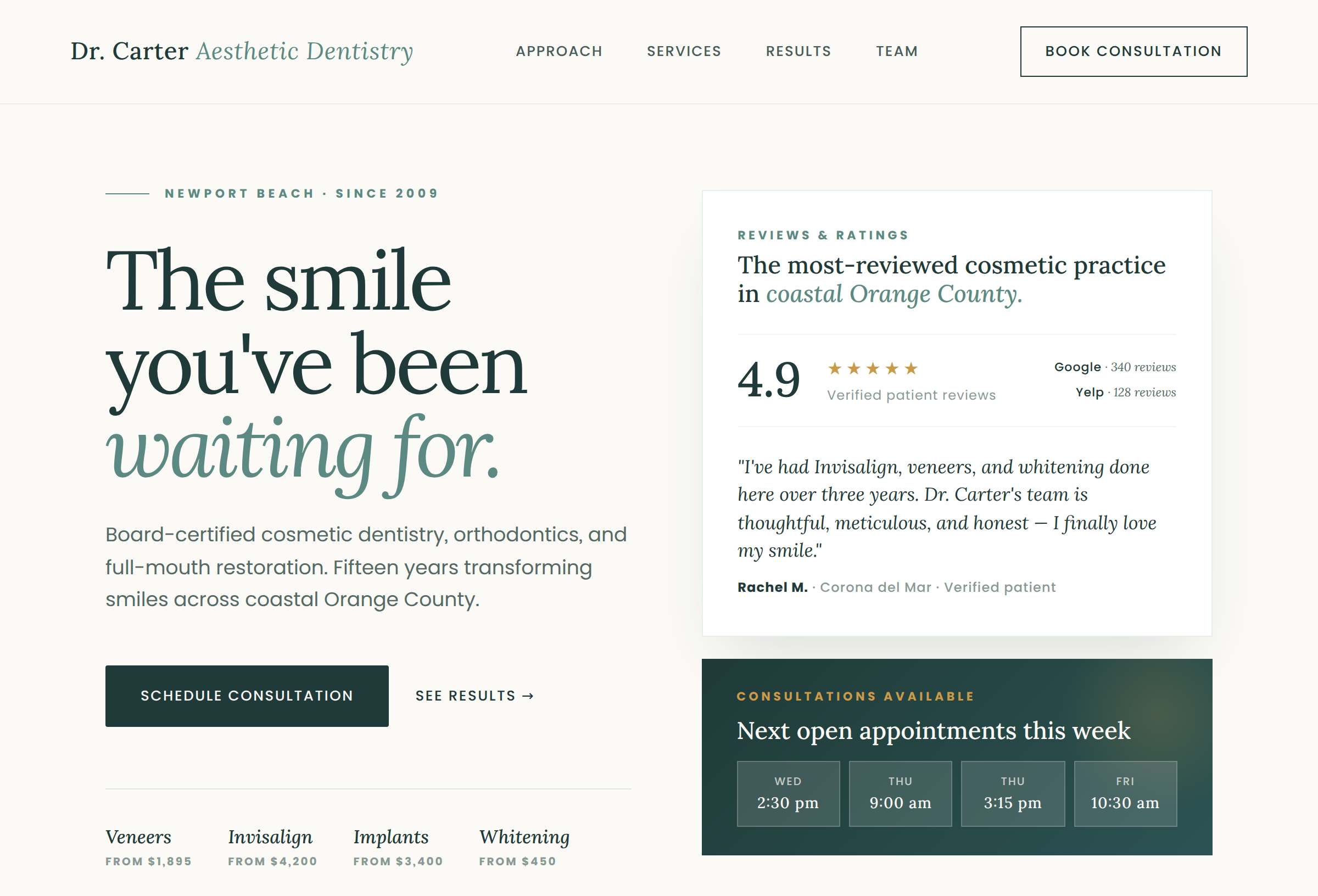 Example homepage for a cosmetic dental practice