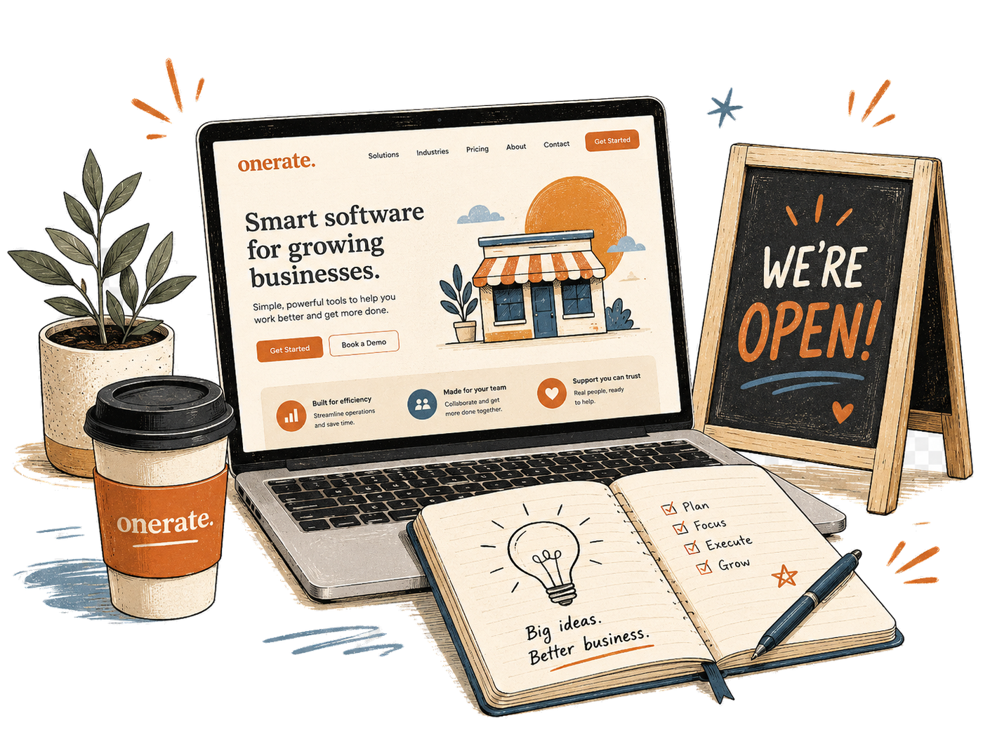 A laptop showing the onerate website, beside a branded coffee cup, a plant, and a 'WE'RE OPEN!' sandwich board.